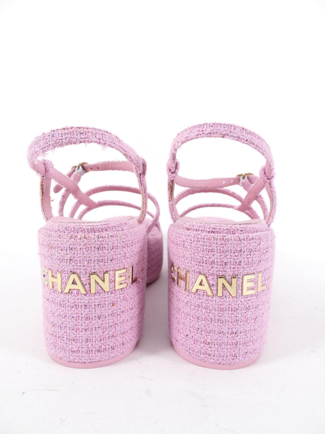 Chanel 23C Pink Tweed Platform Sandal with Logo at Heel - 41