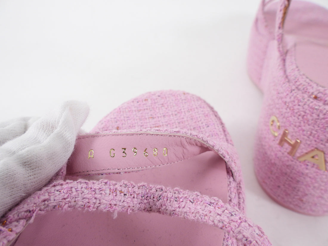 Chanel 23C Pink Tweed Platform Sandal with Logo at Heel - 41