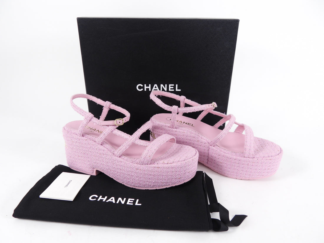 Chanel 23C Pink Tweed Platform Sandal with Logo at Heel - 41