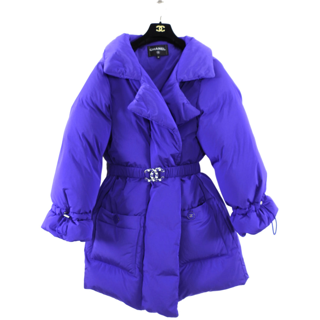 Chanel 19K Indigo / Cobalt Blue Puffer Coat with CC Belt - S / M