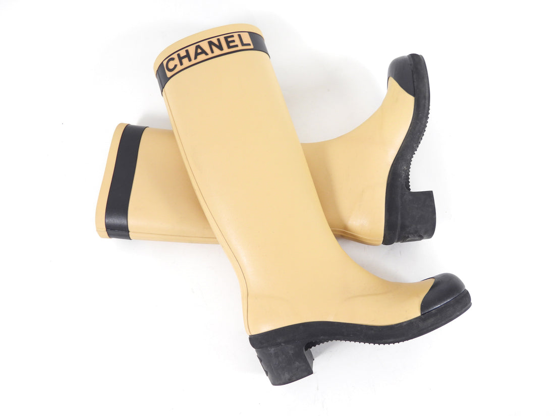 Chanel Beige and Black Tall Rubber Two-Tone Logo Rainboot - 37 / 6.5
