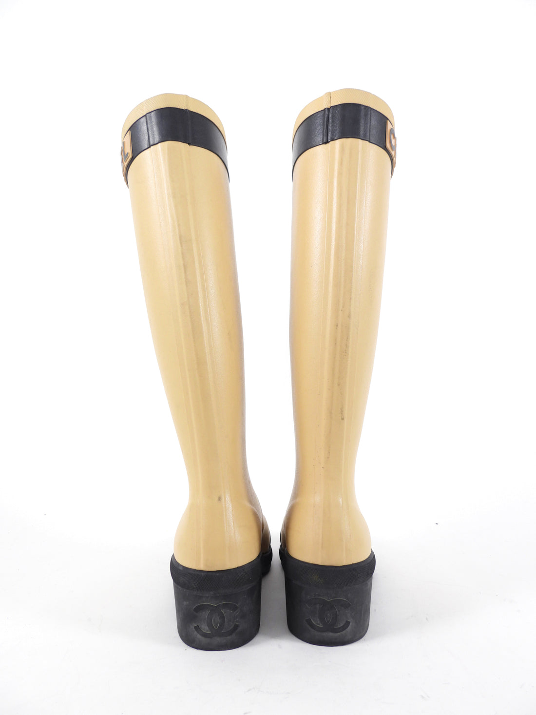 Chanel Beige and Black Tall Rubber Two-Tone Logo Rainboot - 37 / 6.5