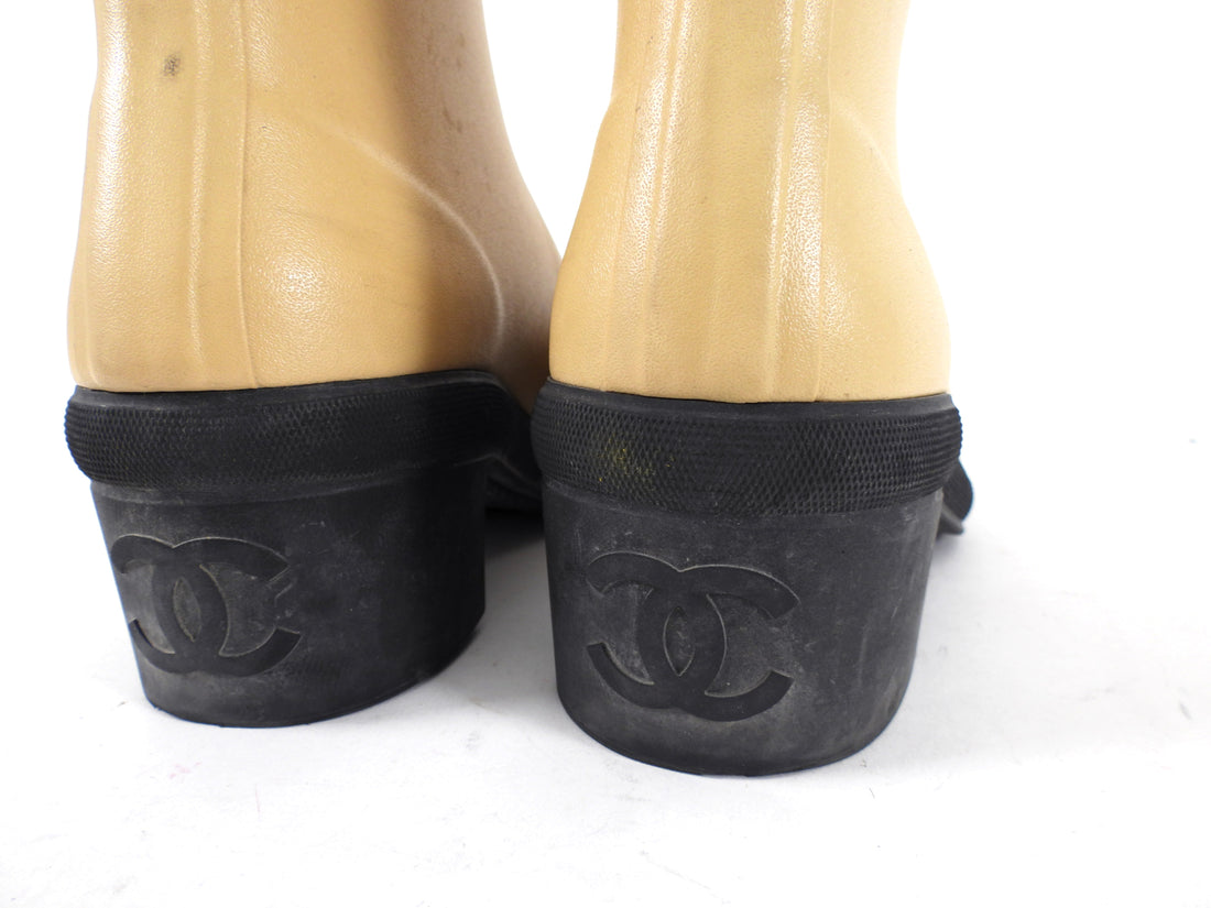 Chanel Beige and Black Tall Rubber Two-Tone Logo Rainboot - 37 / 6.5
