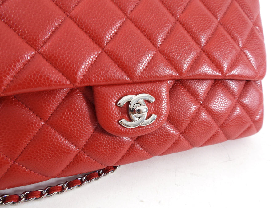 Chanel Red Caviar Leather Quilted Classic Timeless Chain Flap Bag