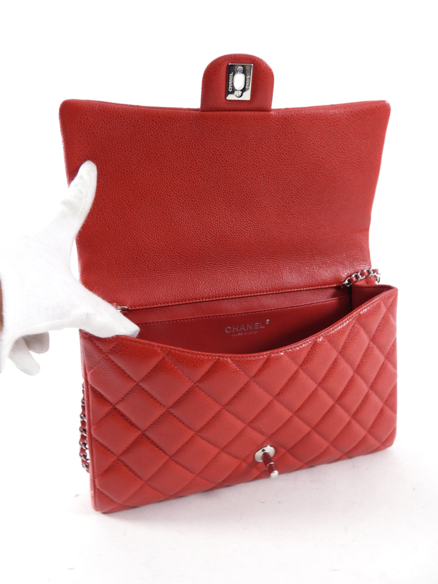 Chanel Red Caviar Leather Quilted Classic Timeless Chain Flap Bag