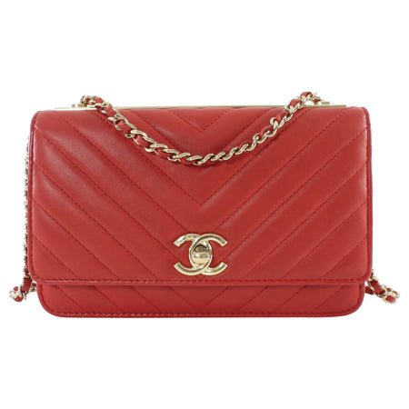 Chanel Red 2019 Chevron Lambskin Trendy WOC Wallet on Chain Bag