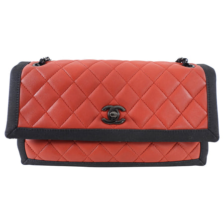 Chanel Red Quilted Leather Grosgrain Trim Chain Flap Bag