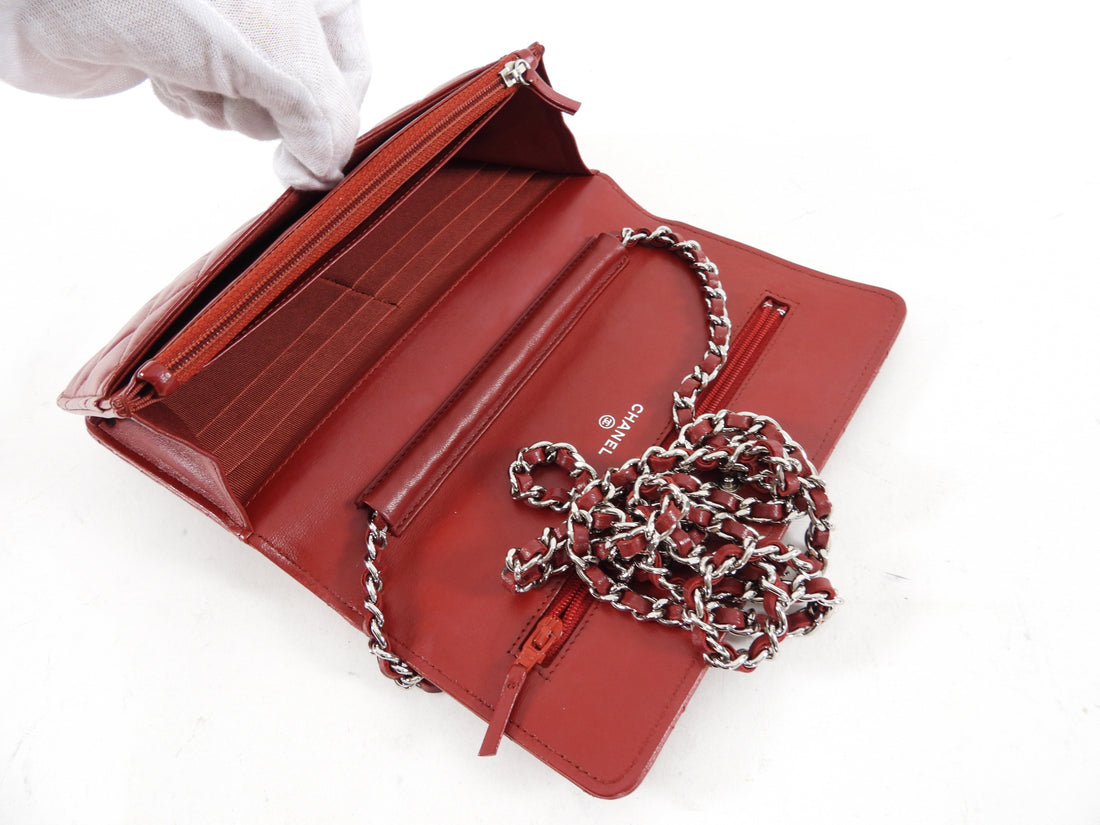 Chanel Red Leather Quilted Timeless Classic Wallet on Chain