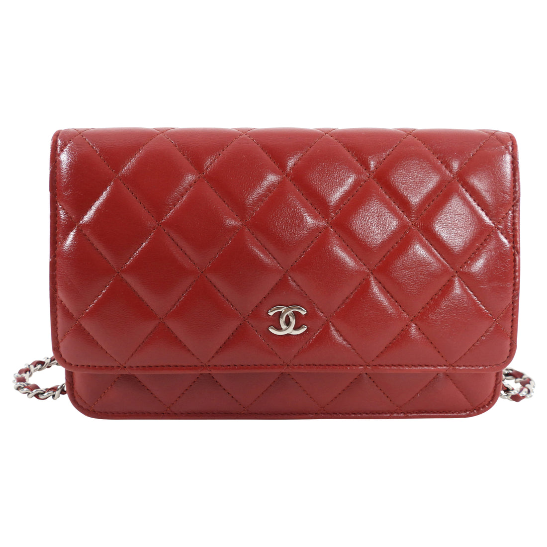 Chanel Red Leather Quilted Timeless Classic Wallet on Chain