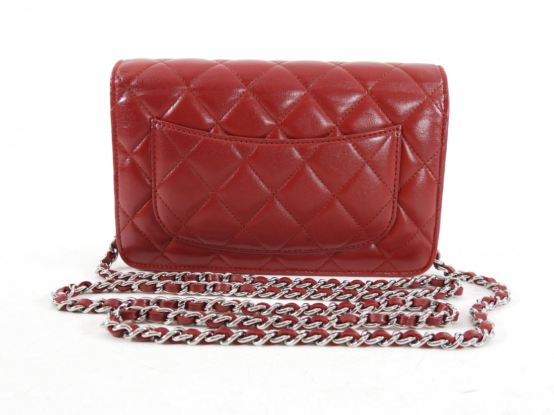 Chanel Red Leather Quilted Timeless Classic Wallet on Chain