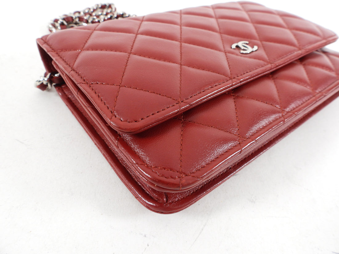 Chanel Red Leather Quilted Timeless Classic Wallet on Chain