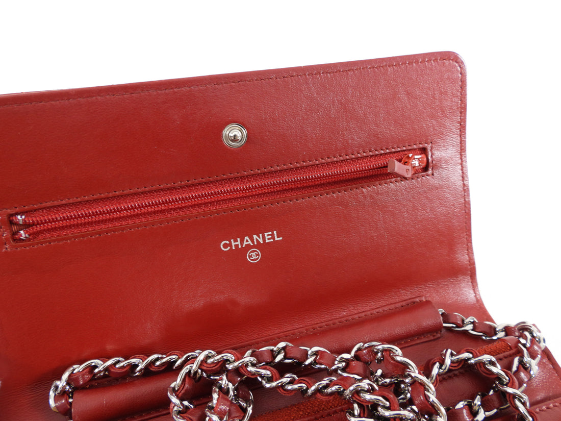 Chanel Red Leather Quilted Timeless Classic Wallet on Chain