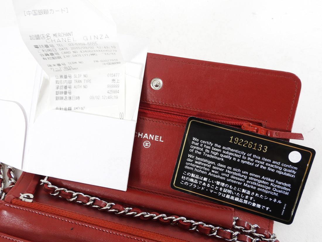 Chanel Red Leather Quilted Timeless Classic Wallet on Chain