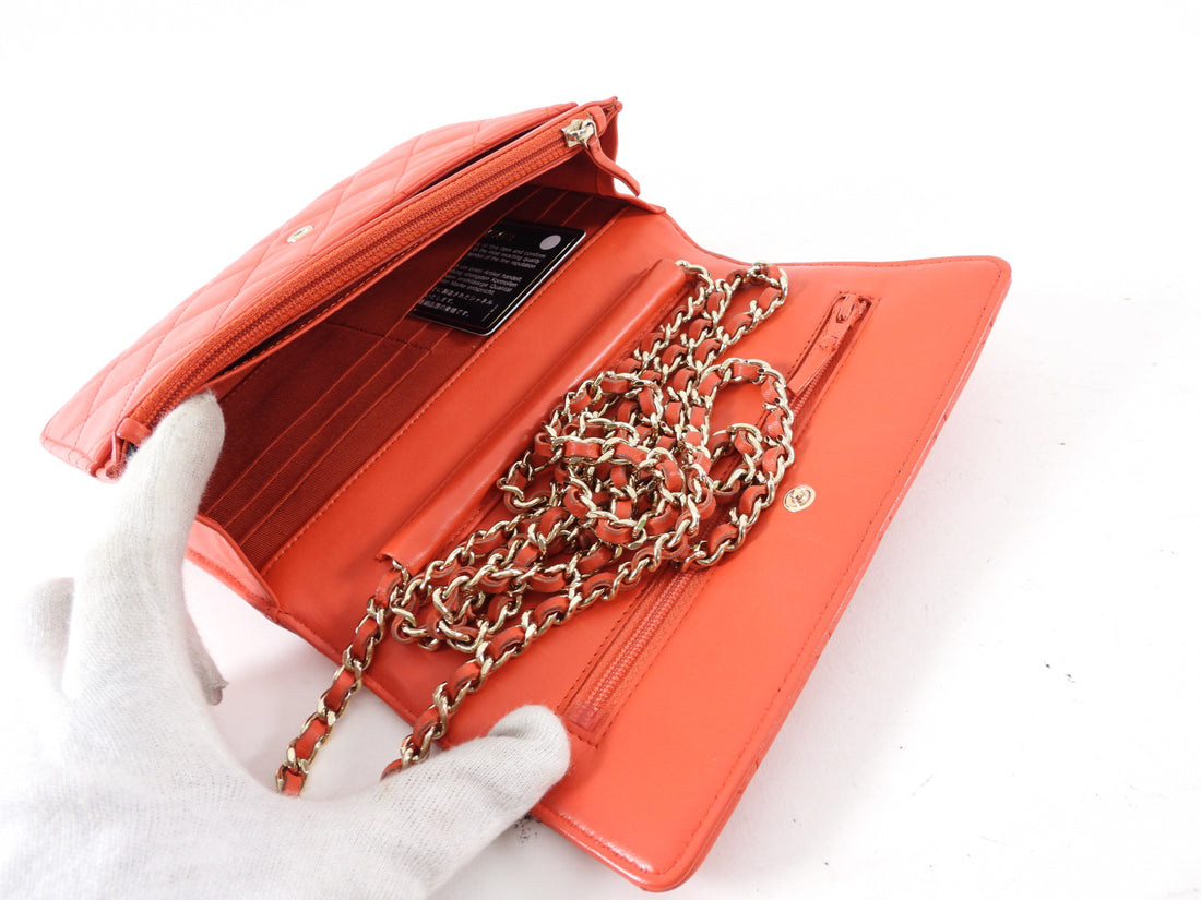 Chanel Red Quilted Leather Timeless Classic Wallet on Chain Bag