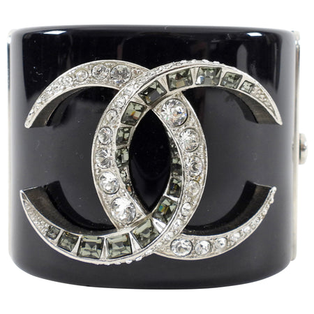 Chanel 15B  Black Resin Hinged Cuff with Silvertone Strass CC logo