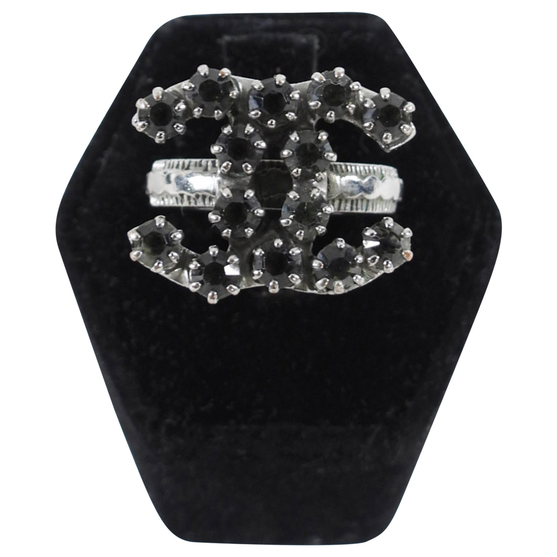 Chanel 10C Dark Grey Crystal CC Ring - 7