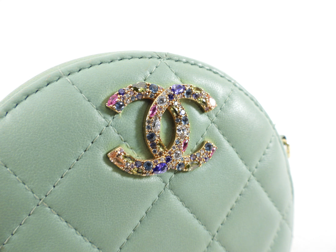 Chanel Mint Green Quilted Leather CC Strass Mini Round Clutch Bag