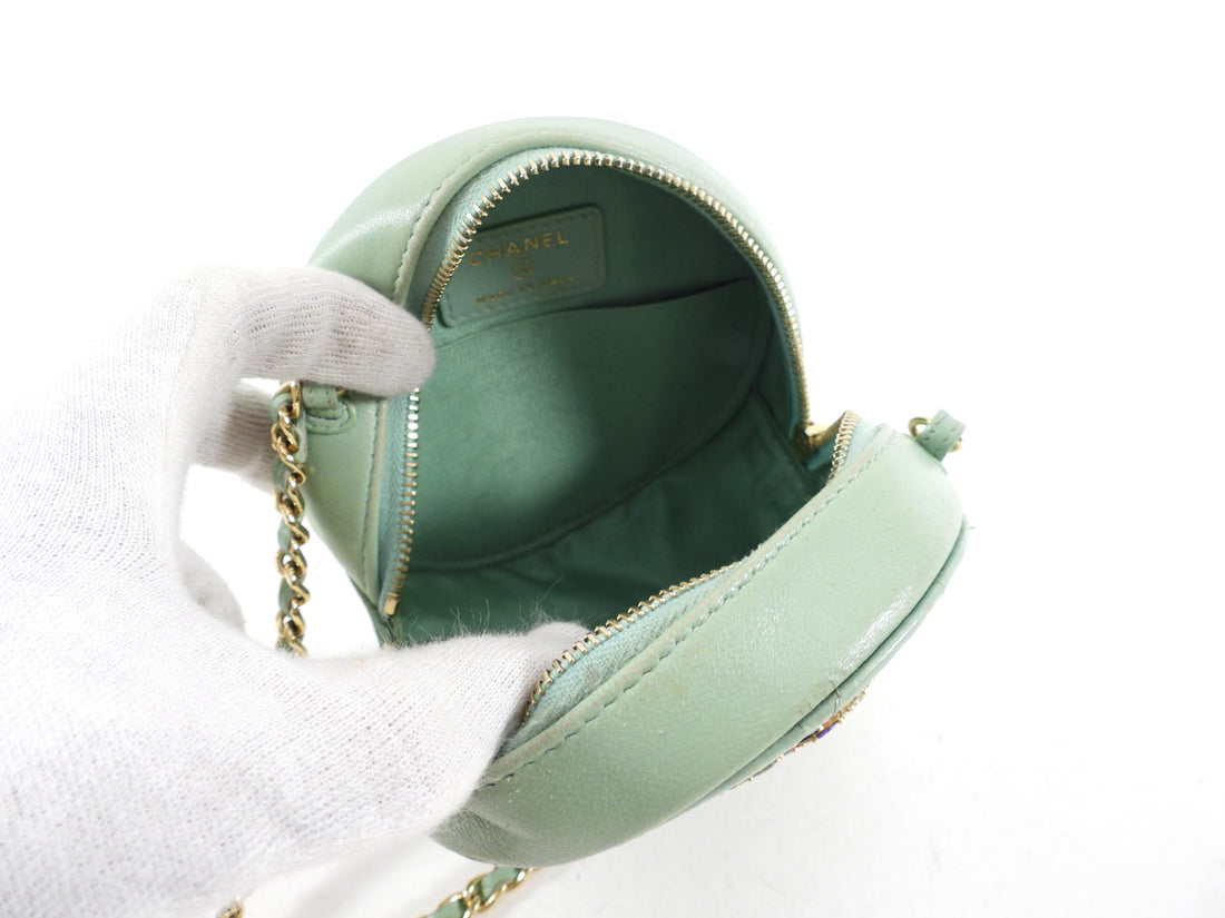 Chanel Mint Green Quilted Leather CC Strass Mini Round Clutch Bag