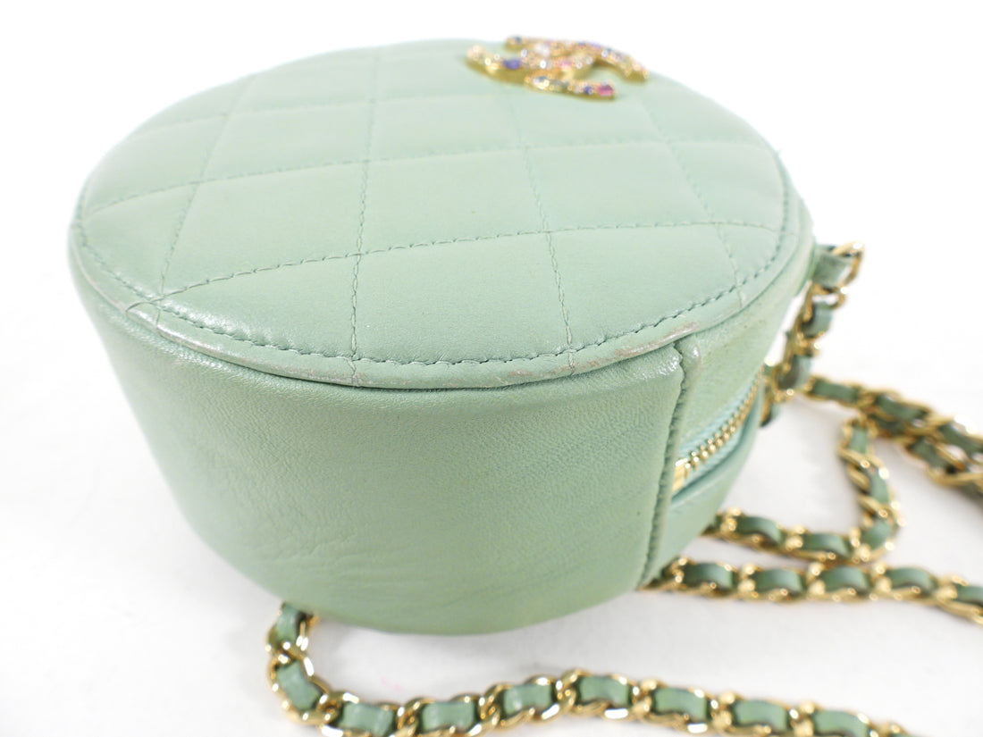 Chanel Mint Green Quilted Leather CC Strass Mini Round Clutch Bag