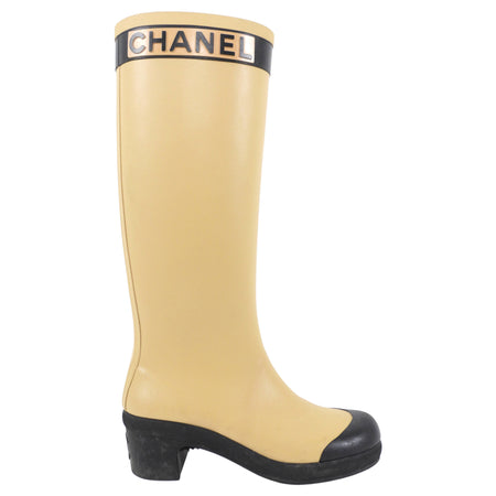Chanel Beige and Black Tall Rubber Two-Tone Logo Rainboot - 37 / 6.5