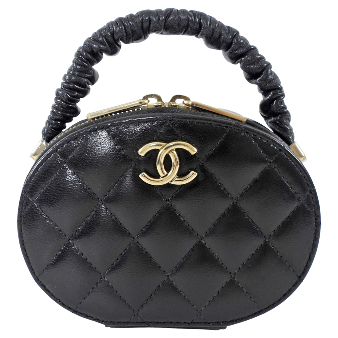 Chanel Black Leather Nano Ruch Top Handle Oval Evening Vanity Bag