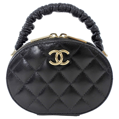 Chanel Black Leather Nano Ruch Top Handle Oval Evening Vanity Bag
