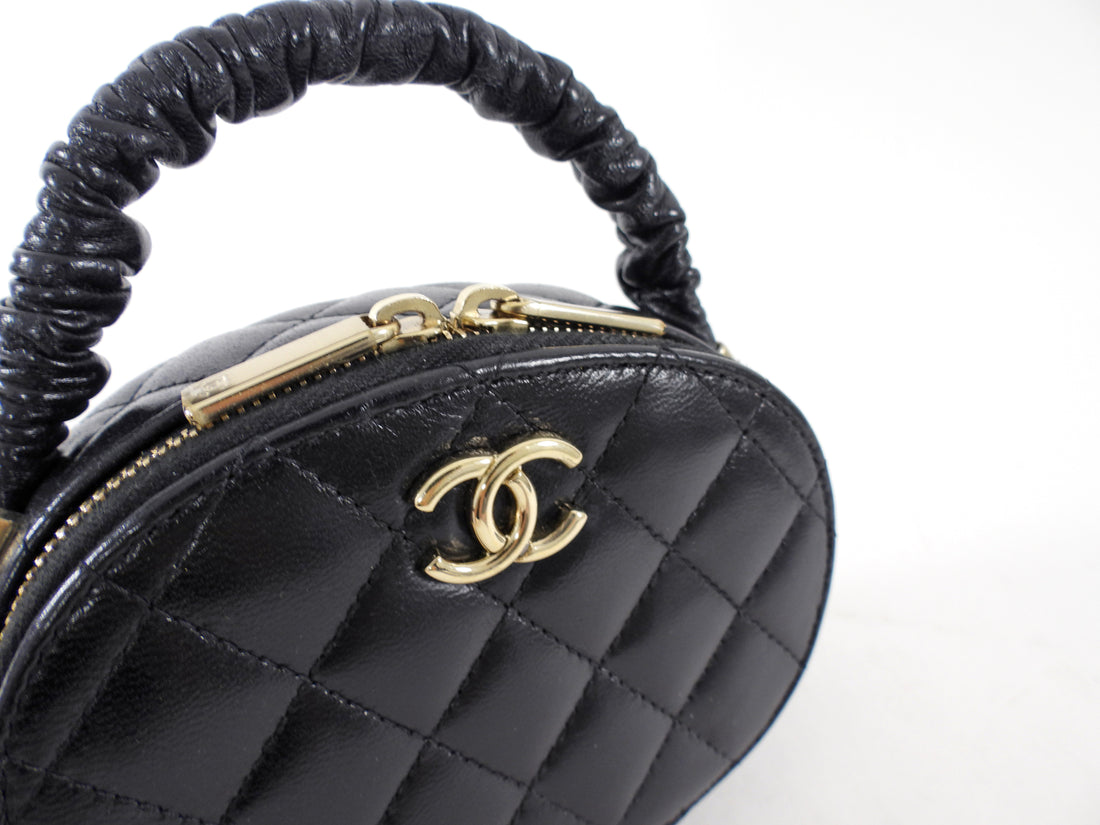 Chanel Black Leather Nano Ruch Top Handle Oval Evening Vanity Bag