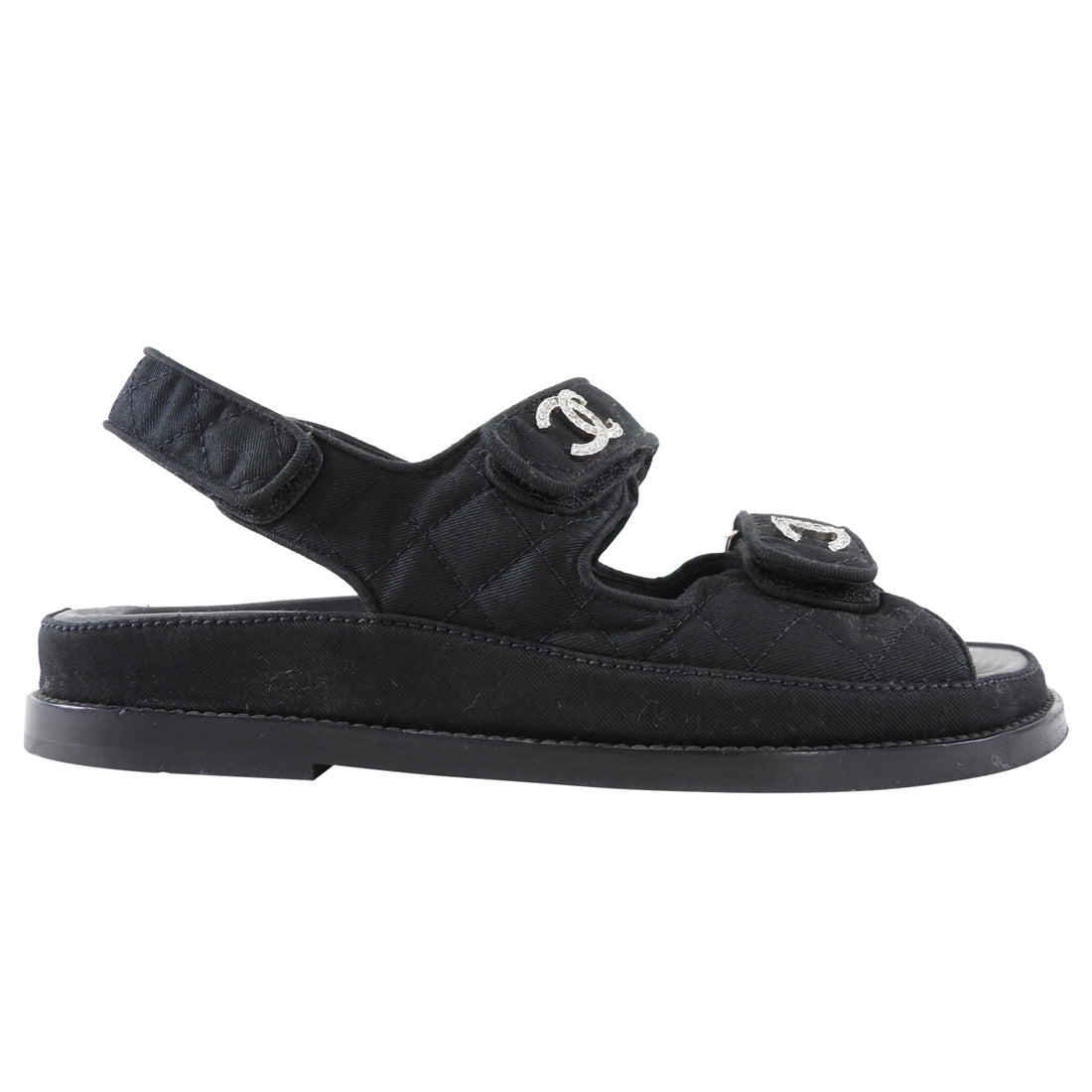 Chanel Black Fabric Quilted Crystal Strass CC Logo Dad Sandals - 35.5 / 6.5