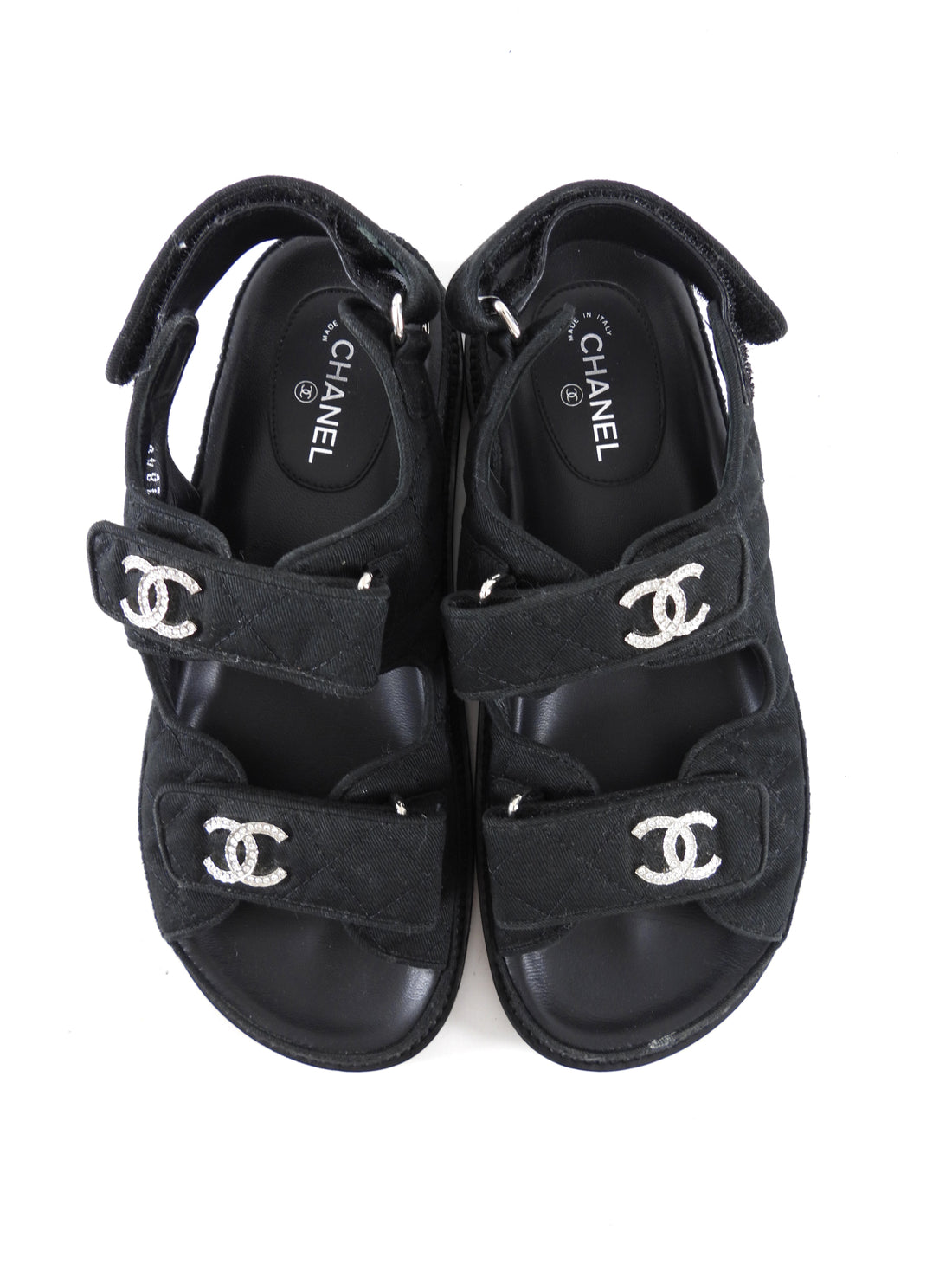 Chanel Black Fabric Quilted Crystal Strass CC Logo Dad Sandals - 35.5 / 6.5