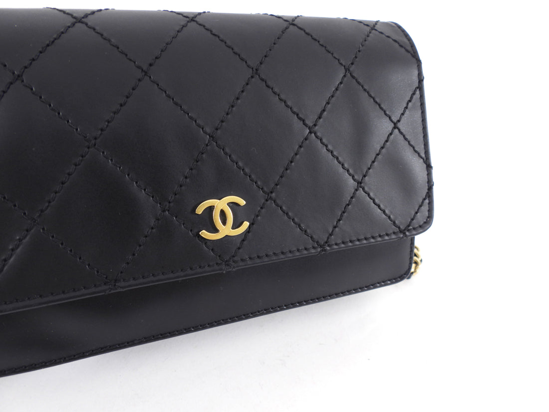 Chanel Black Top Stitch Leather Sheepskin WOC Wallet on Chain Bag