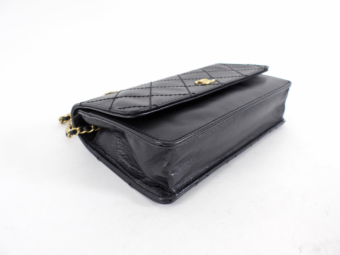 Chanel Black Top Stitch Leather Sheepskin WOC Wallet on Chain Bag