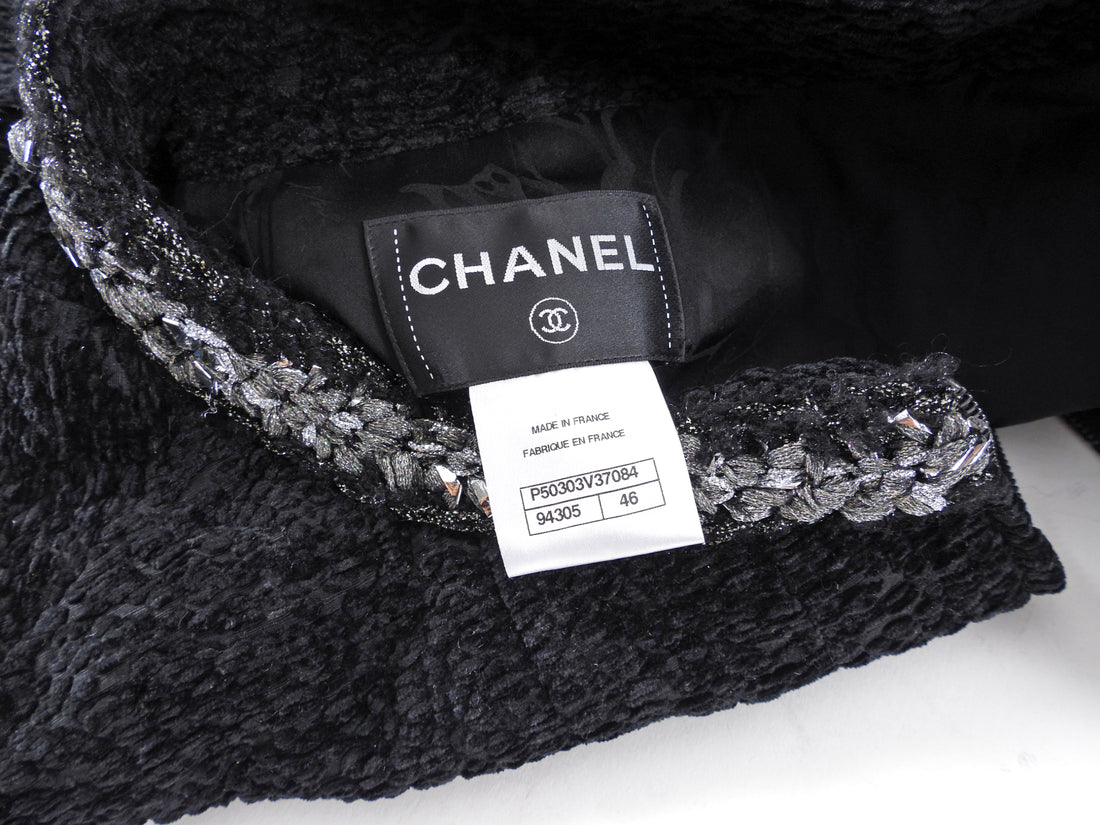 Chanel 14A Runway Black Velour and Silver Tweed Trim Zip Jacket - FR46 / XL / 12