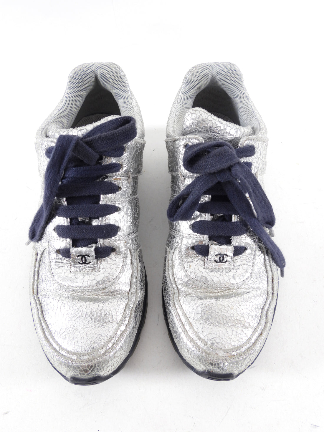 Chanel Silver Crackle Leather and Navy Sneakers - 36