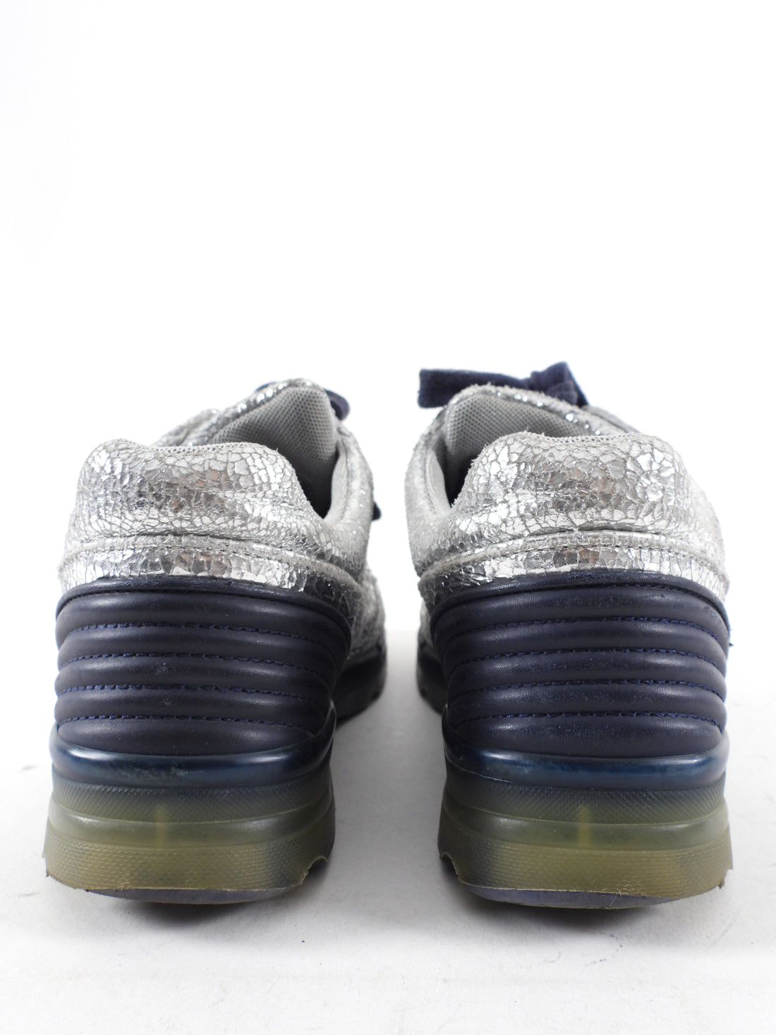 Chanel Silver Crackle Leather and Navy Sneakers - 36