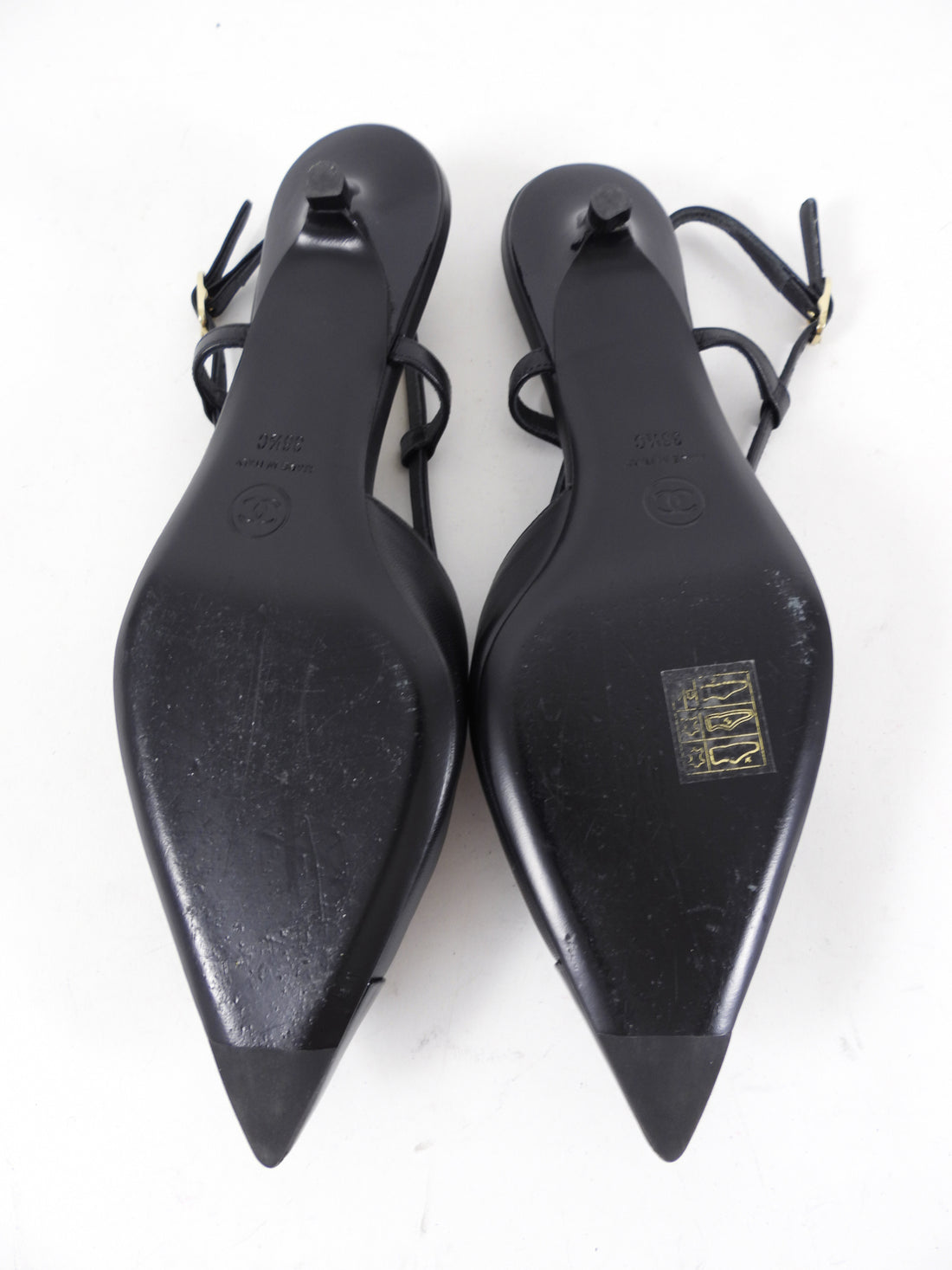 Chanel 22K Black Leather Cap Toe Slingback Kitten Heels - 36.5C
