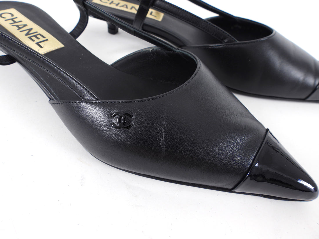 Chanel 22K Black Leather Cap Toe Slingback Kitten Heels - 36.5C