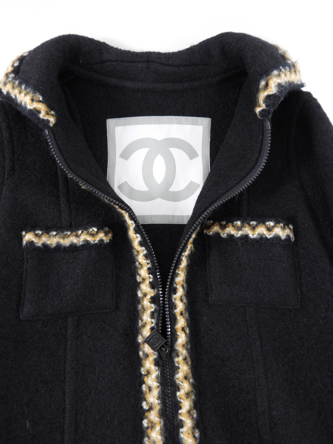 Chanel Sport 06A Black and Tan Boiled Wool Zip Jacket - FR42 / M