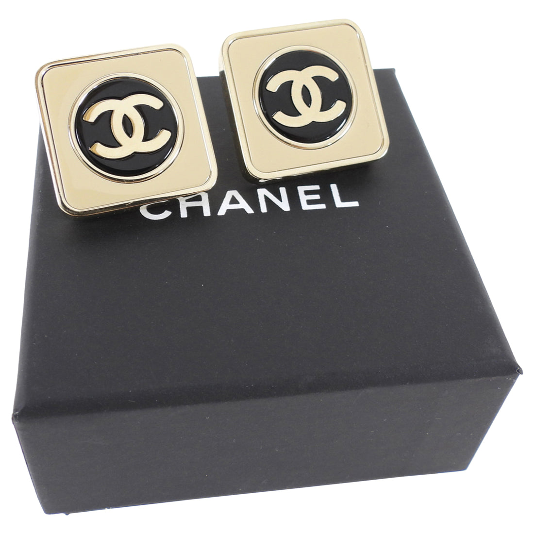 Chanel 23C Square Black and Beige CC Enamel Earrings