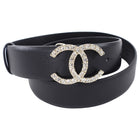 Chanel 20A Black Leather Light Goldtone Crystal CC Belt - 29-31