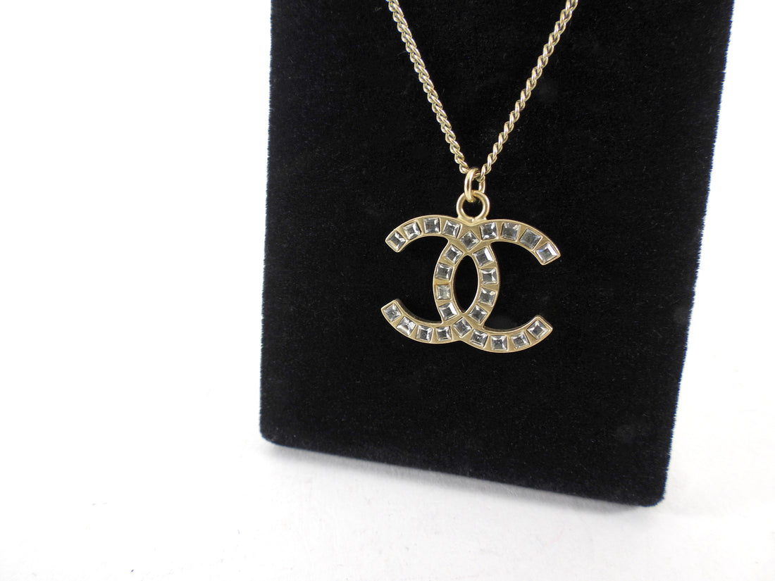 Chanel 12A Antiqued Goltone Crystal CC Baguette Pendant Necklace