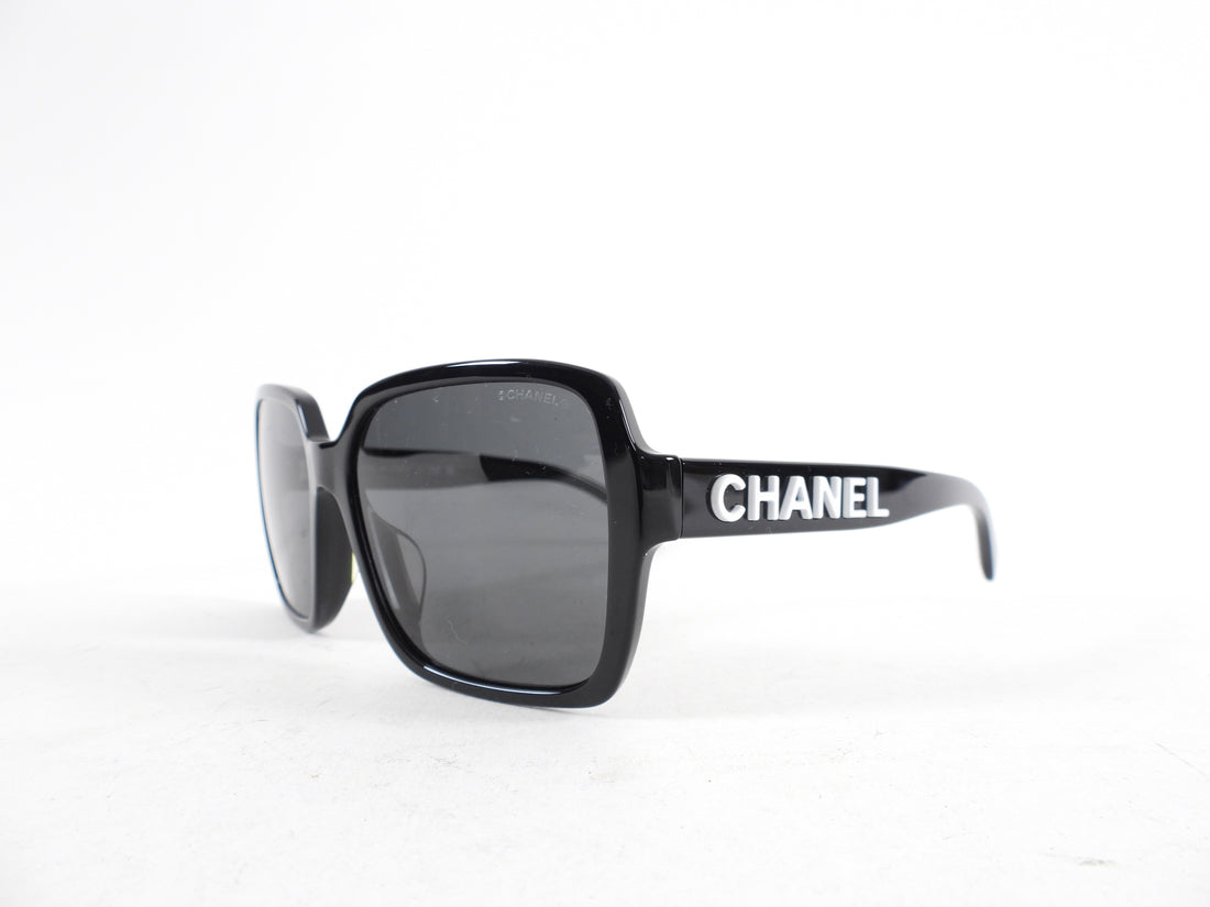 Chanel 5408 Black Square Sunglasses with White Logo at Temple