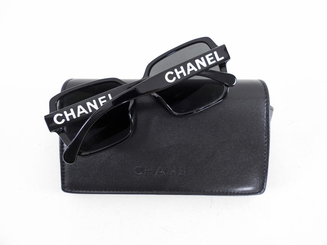 Chanel 5408 Black Square Sunglasses with White Logo at Temple