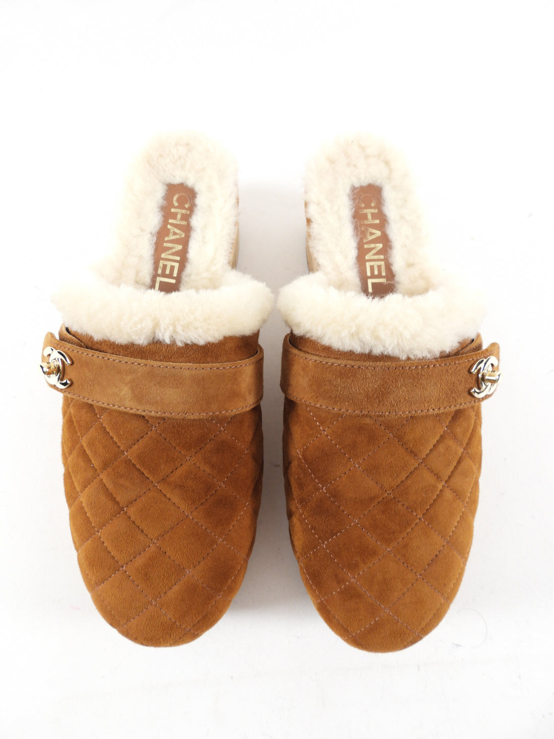 Chanel 21A Brown Shearling CC Turn Clasp Quilt Cork Mules - 37