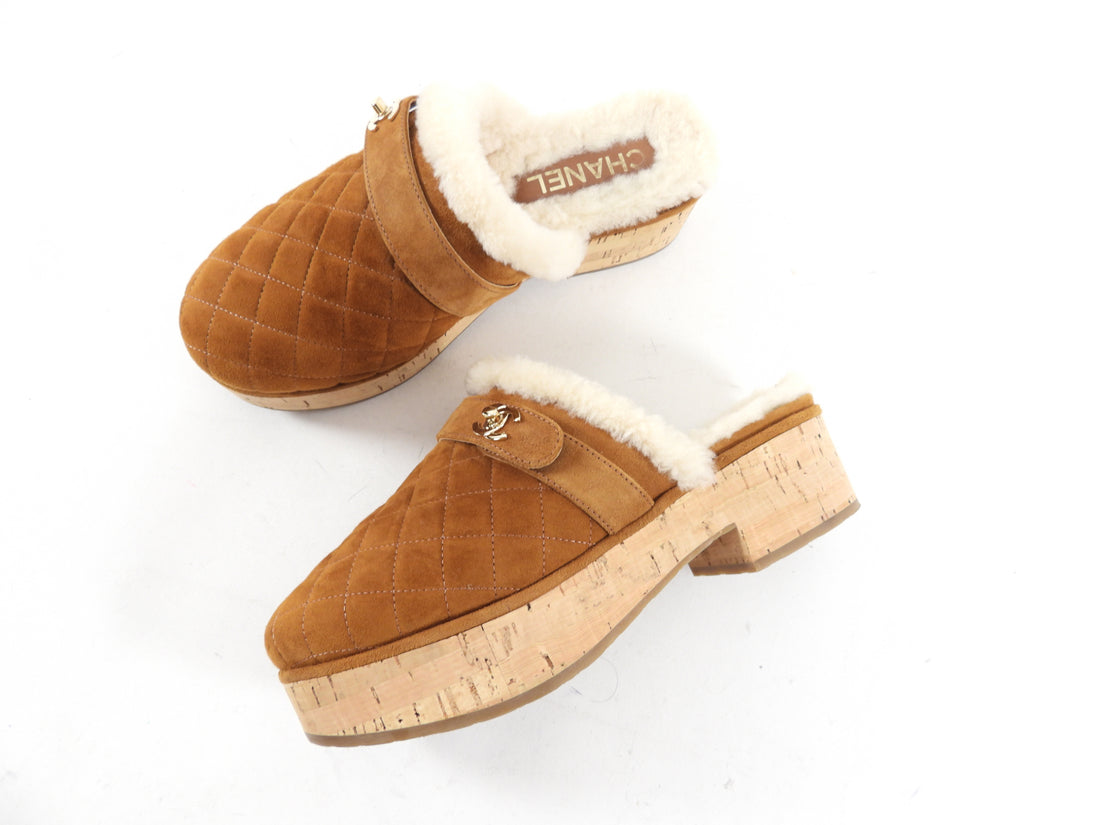 Chanel 21A Brown Shearling CC Turn Clasp Quilt Cork Mules - 37