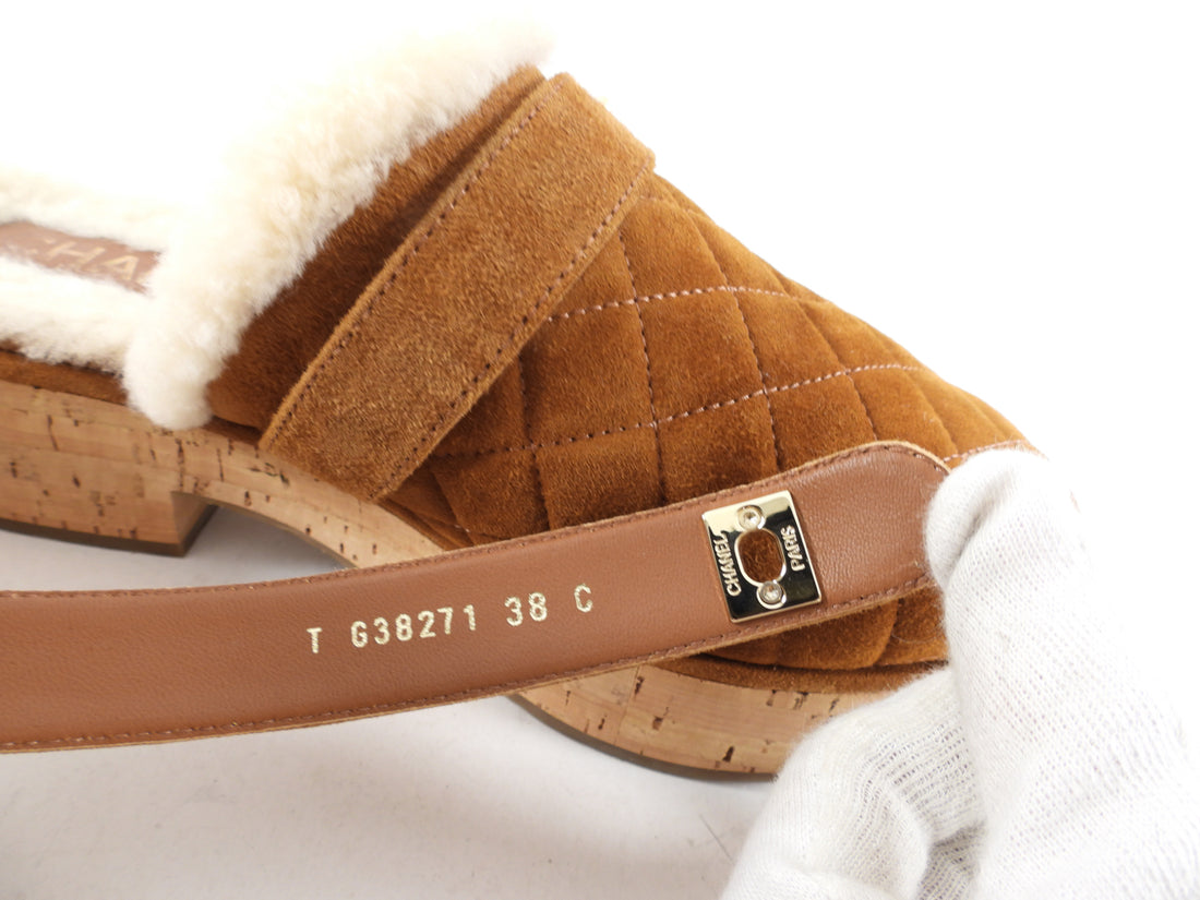 Chanel 21A Brown Shearling CC Turn Clasp Quilt Cork Mules - 37