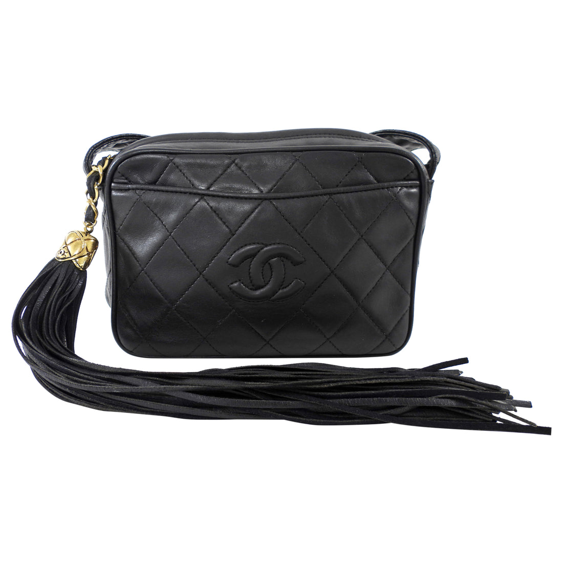 Chanel Vintage Black Quilted Leather Tassel Camera Bag