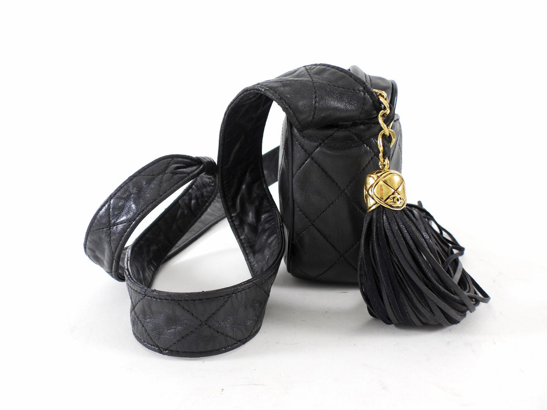 Chanel Vintage Black Quilted Leather Tassel Camera Bag