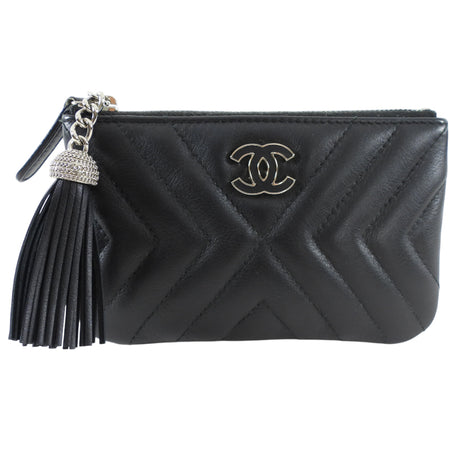 Chanel Black Leather Chevron Tassel Mini Zip Pouch