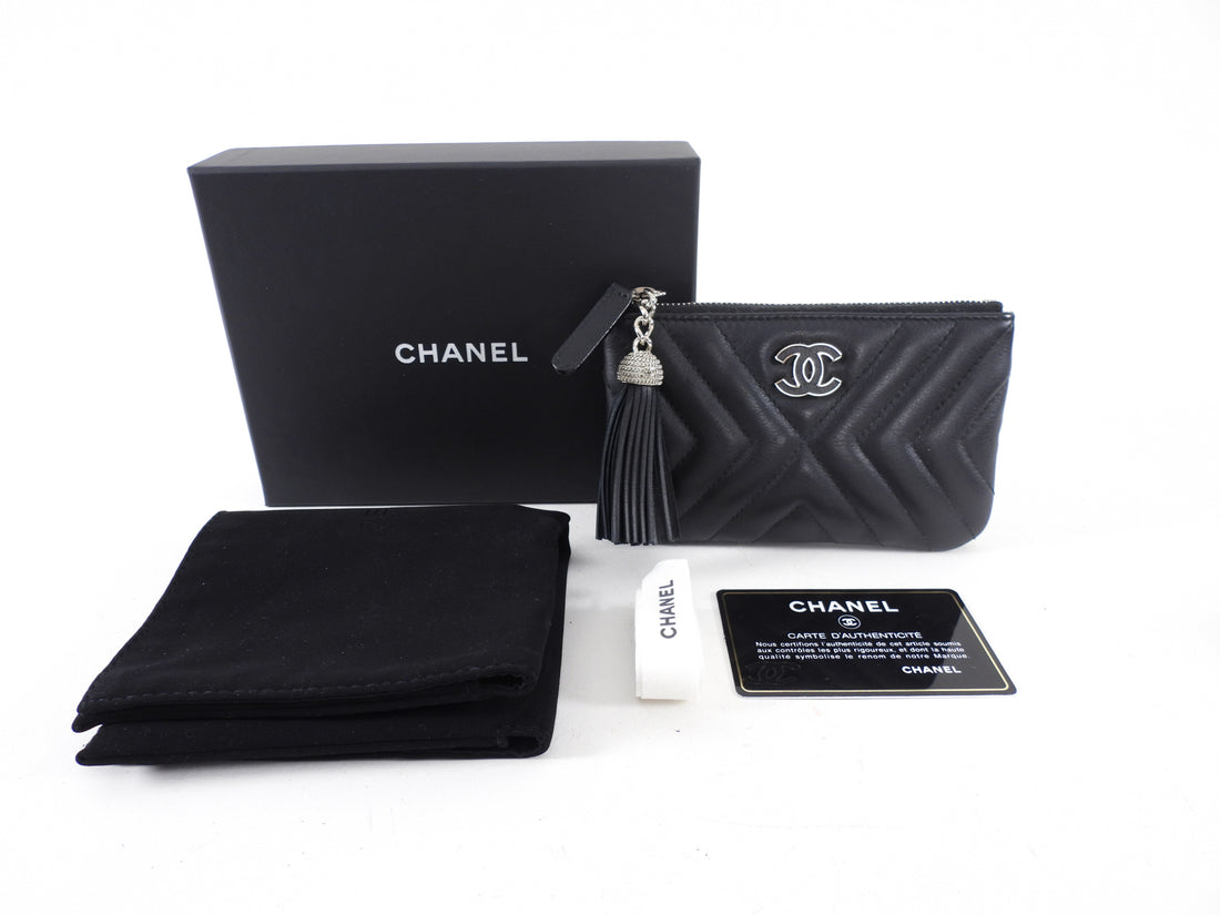 Chanel Black Leather Chevron Tassel Mini Zip Pouch