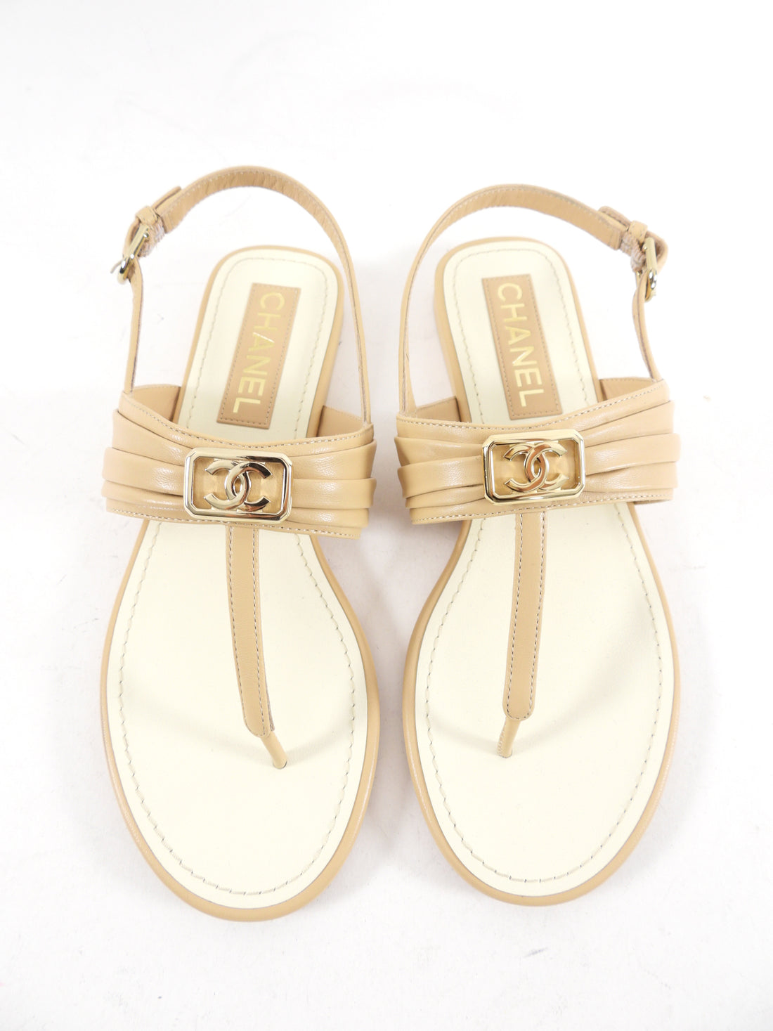 Chanel Beige Leather CC Logo Thong Sandals - 37.5 C